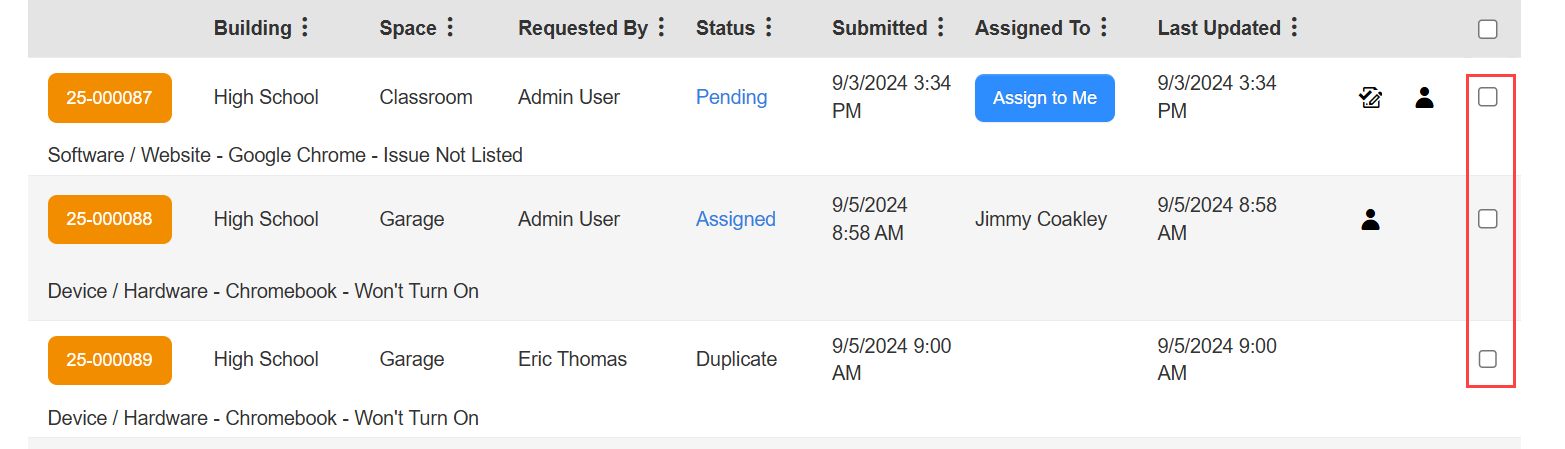 All requests page with selected request box highlighted